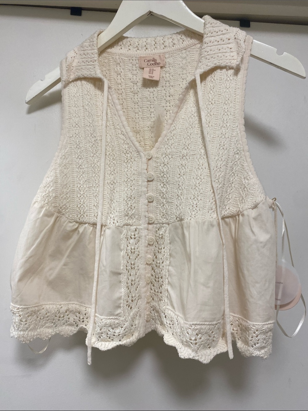 Camila Coelho Cream Crochet & Cotton Button-Front Tank